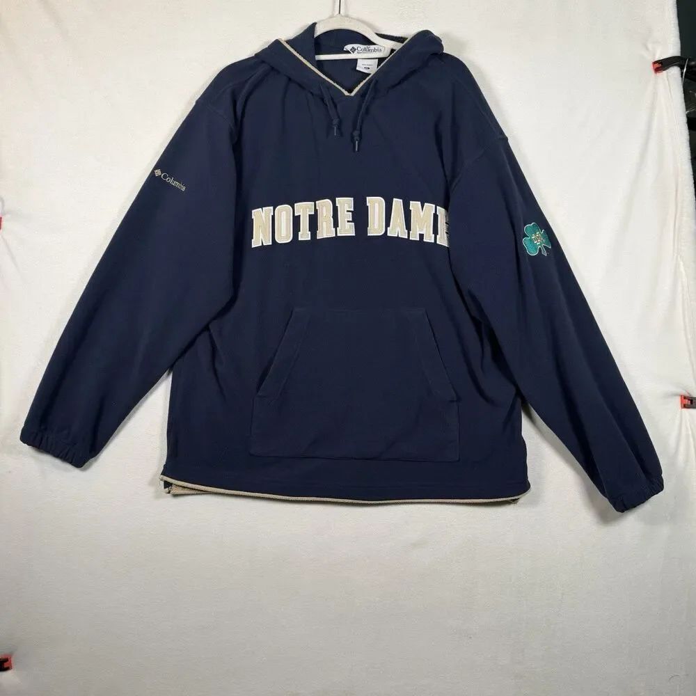Columbia Notre Dame Hoodie Fleece Pullover XL Navy Embroidered Shamrock Sleeve
